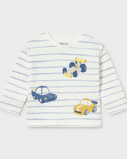 A long sleeve children's shirt with blue stripes and cars