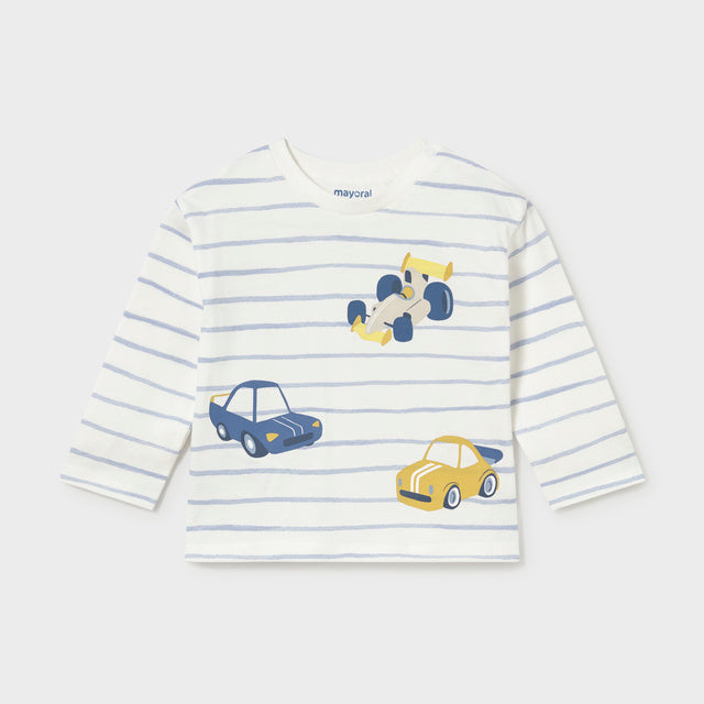 A long sleeve children's shirt with blue stripes and cars