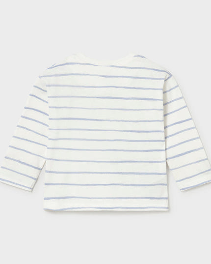 A long sleeve children's shirt with blue stripes and cars