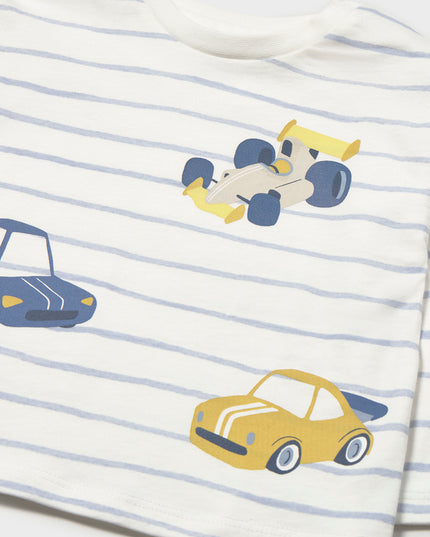 A long sleeve children's shirt with blue stripes and cars