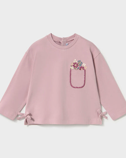 Long Sleeve Mauve Shirt with side ties and embroidered flower pocket
