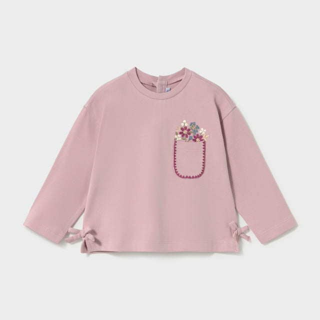 Long Sleeve Mauve Shirt with side ties and embroidered flower pocket