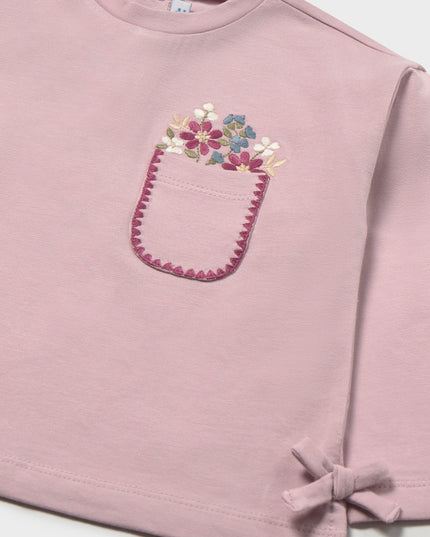 Long Sleeve Mauve Shirt with side ties and embroidered flower pocket