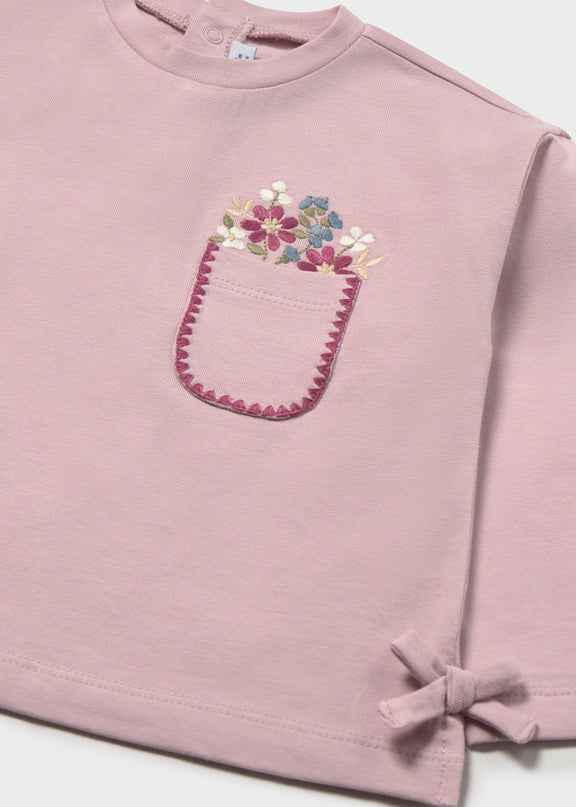 Long Sleeve Mauve Shirt with side ties and embroidered flower pocket