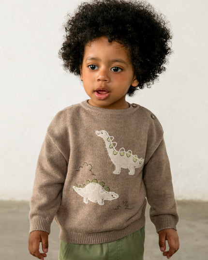 Child wearing a brown sweater with dinosaur design