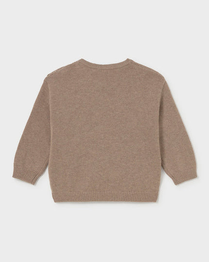 A light brown knit sweater shown from the back