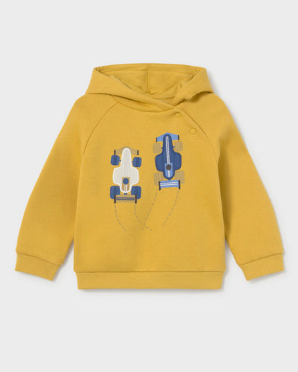 Yellow hooded sweatshirt with white and blue race cars