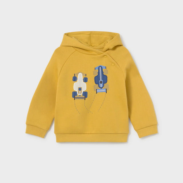 Yellow hooded sweatshirt with white and blue race cars