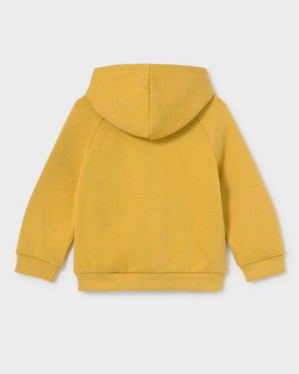 Back of yellow hooded sweatshirt with white and blue race cars