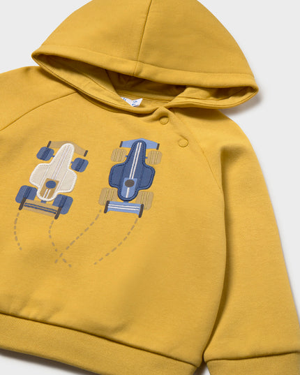 Yellow hooded sweatshirt with white and blue race cars