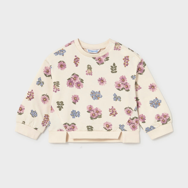 Cream colored sweatshirt with purple, blue and green floral print
