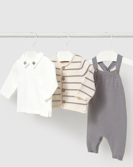 Three piece baby outfit set including knit cardigan and dungarees