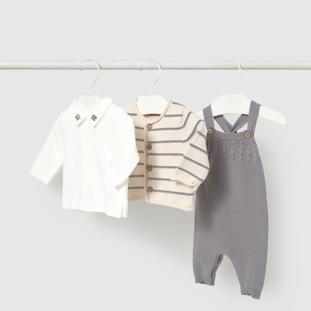Three piece baby outfit set including knit cardigan and dungarees