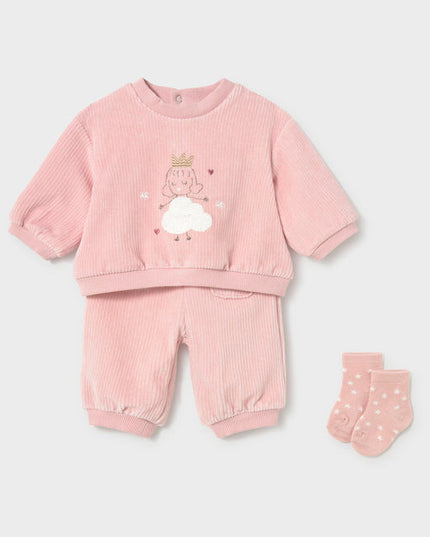 Pink baby outfit with princess design and matching socks