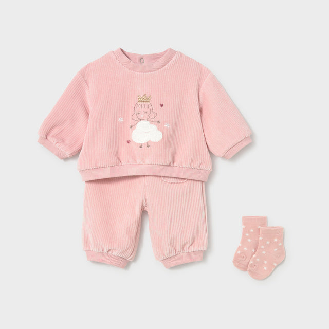 Pink baby outfit with princess design and matching socks