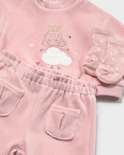 Pink baby outfit with princess design and matching socks