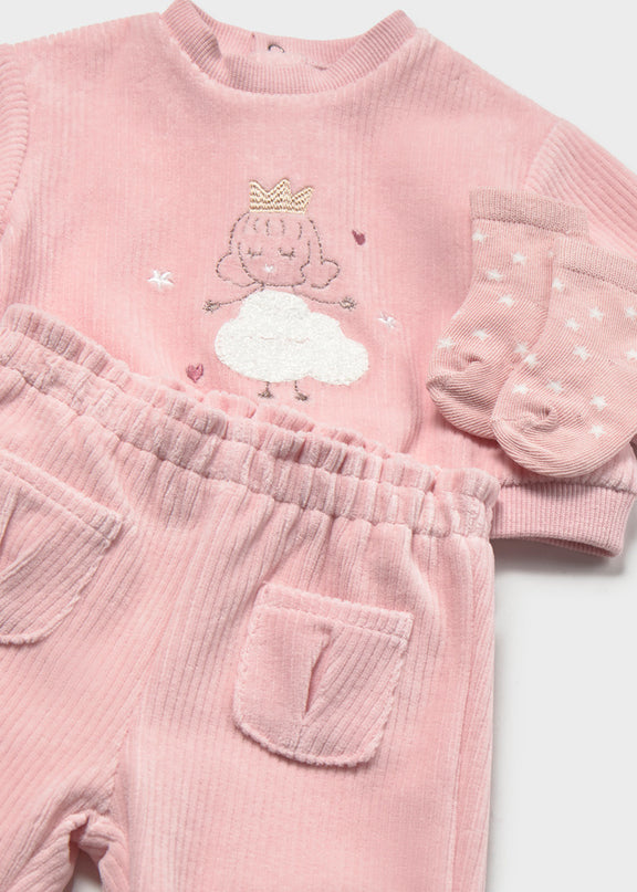 Pink baby outfit with princess design and matching socks