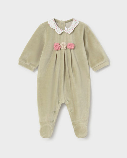 Green Velour Romper with Floral Collar and Embroidered Flowers