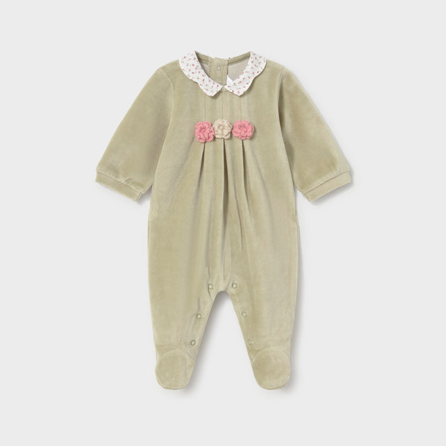 Green Velour Romper with Floral Collar and Embroidered Flowers