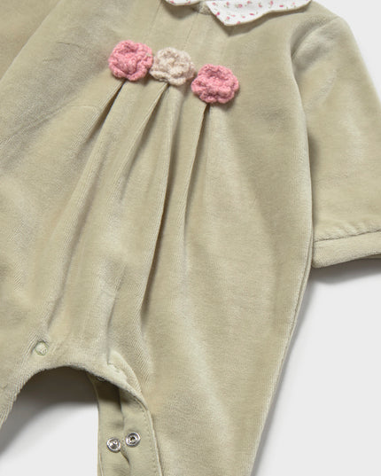 Green Velour Romper with Floral Collar and Embroidered Flowers
