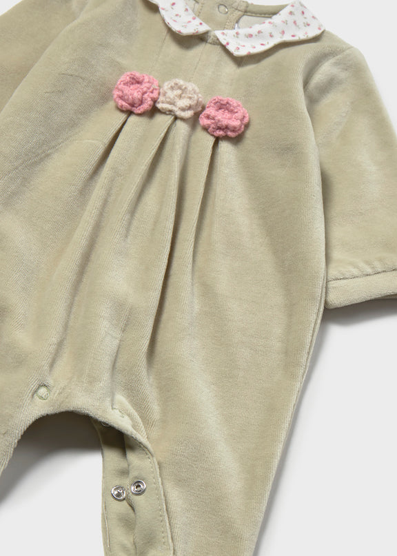 Green Velour Romper with Floral Collar and Embroidered Flowers
