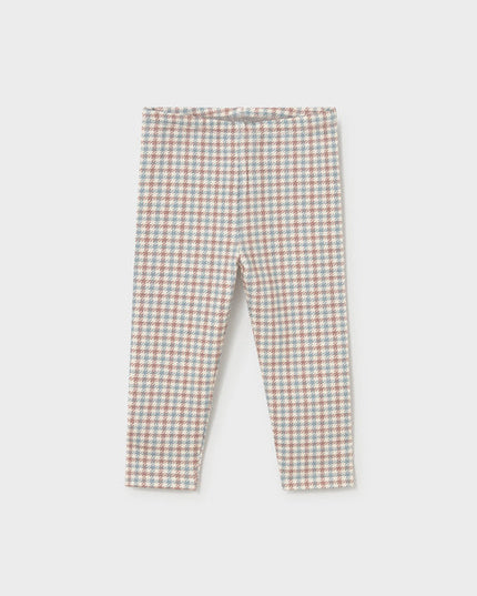 Kids leggings with brown, white and blue herringbone pattern