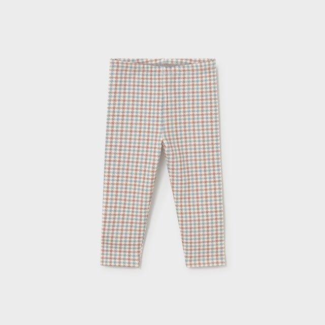 Kids leggings with brown, white and blue herringbone pattern