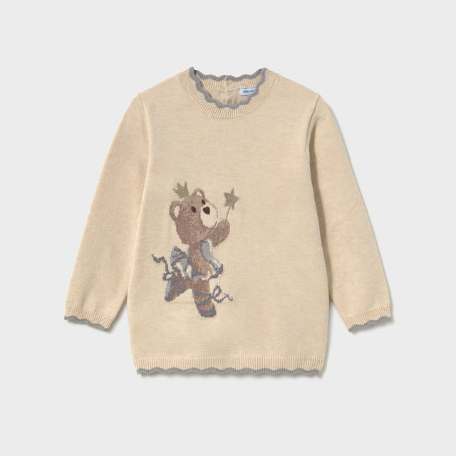 Beige sweater dress with ballerina teddy bear design 