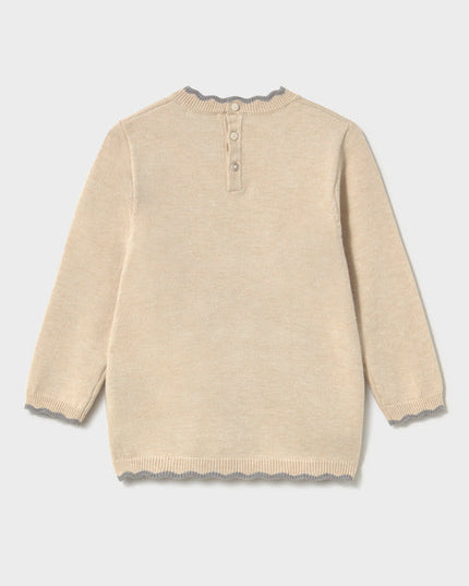 Back of beige sweater dress with ballerina teddy bear design 