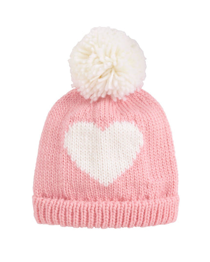 Pink knit hat with a white heart and pom-pom 
