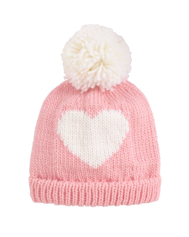 Pink knit hat with a white heart and pom-pom 