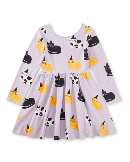 Purple dress with black, white and gold cats wearing black witch hats