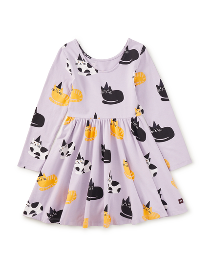 Purple dress with black, white and gold cats wearing black witch hats