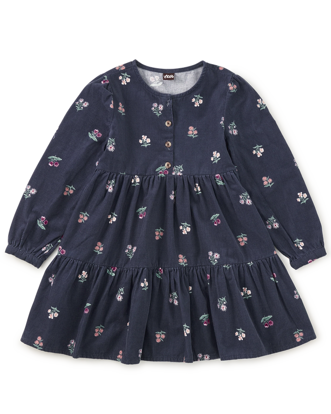 A deep midnight corduroy shirtdress with floral pattern