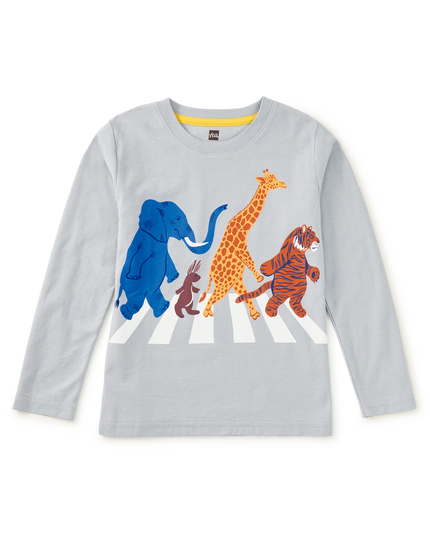 Light grey-blue long sleeve tee shirt with animals crossing Abbey Road