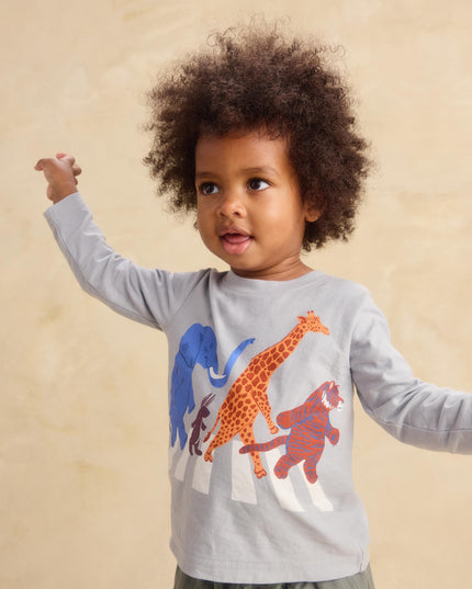 Boy wearing Light grey-blue long sleeve tee shirt with animals crossing Abbey Road