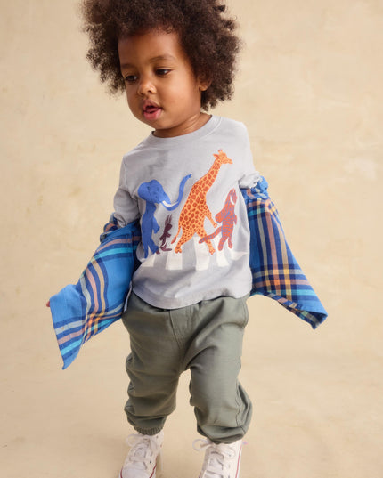 Boy wearing Light grey-blue long sleeve tee shirt with animals crossing Abbey Road