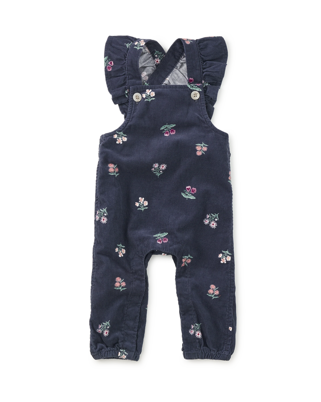 Deep midnight corduroy overalls with floral pattern and ruffle straps