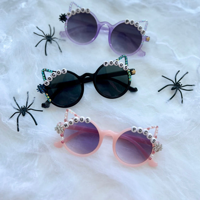 Pink, Black and Purple Halloween Cat Ears Sunglasses that say Hocus Pocus