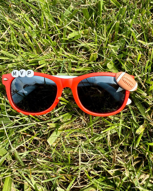 Red glasses personalized with MVP and Football Charm
