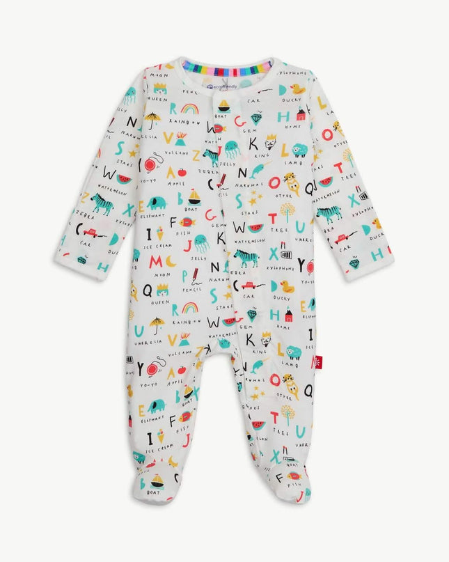 Magnetic footie pajamas in ABC's print