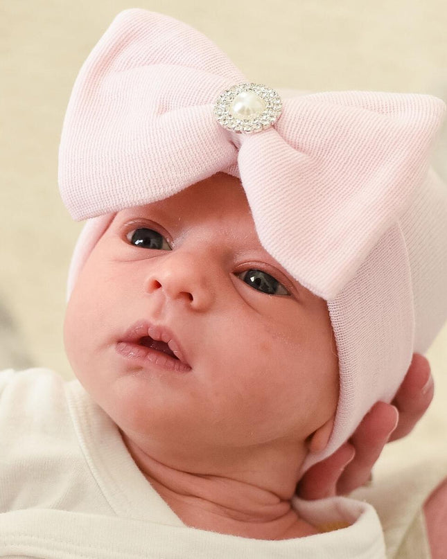 ILYBEAN "Aria" Pink Bow Hat with Pearl and Rhinestone - Giggles & Glitter