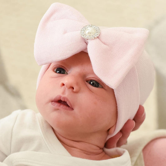 ILYBEAN "Aria" Pink Bow Hat with Pearl and Rhinestone