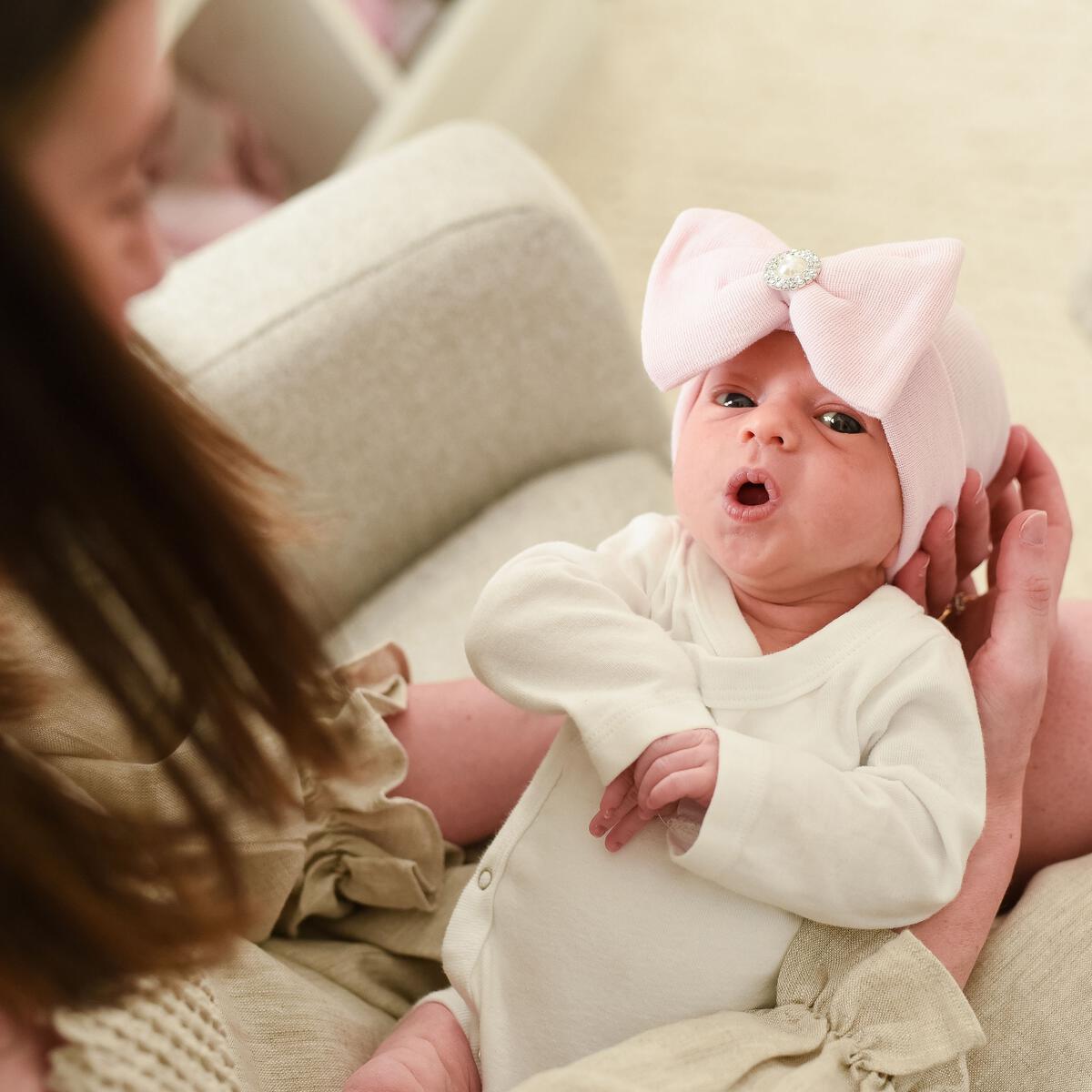 ILYBEAN "Aria" Pink Bow Hat with Pearl and Rhinestone