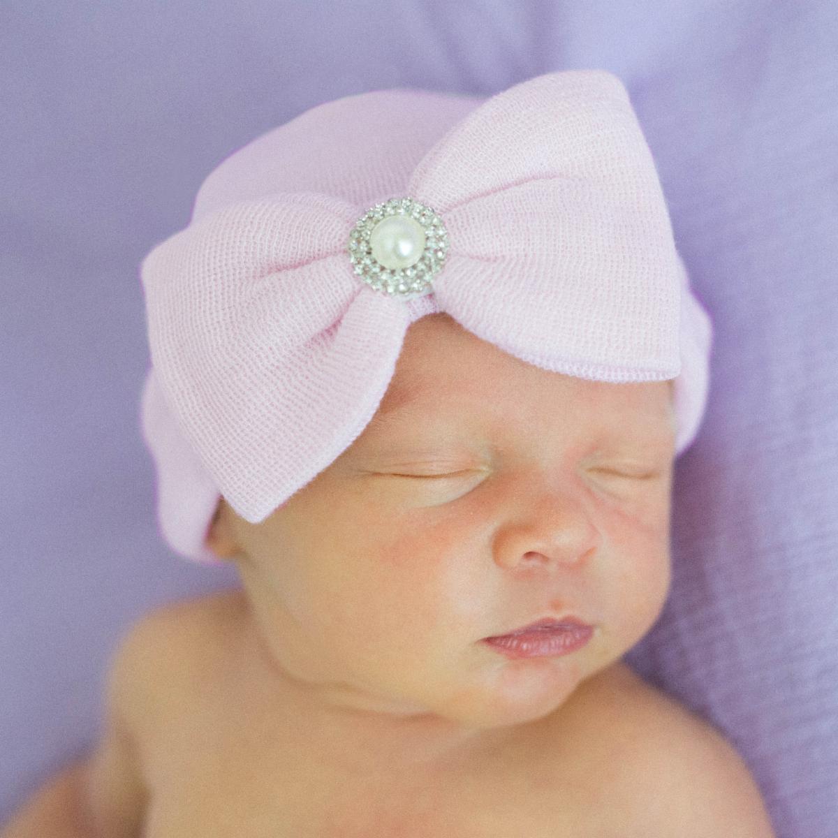 ILYBEAN "Aria" Pink Bow Hat with Pearl and Rhinestone