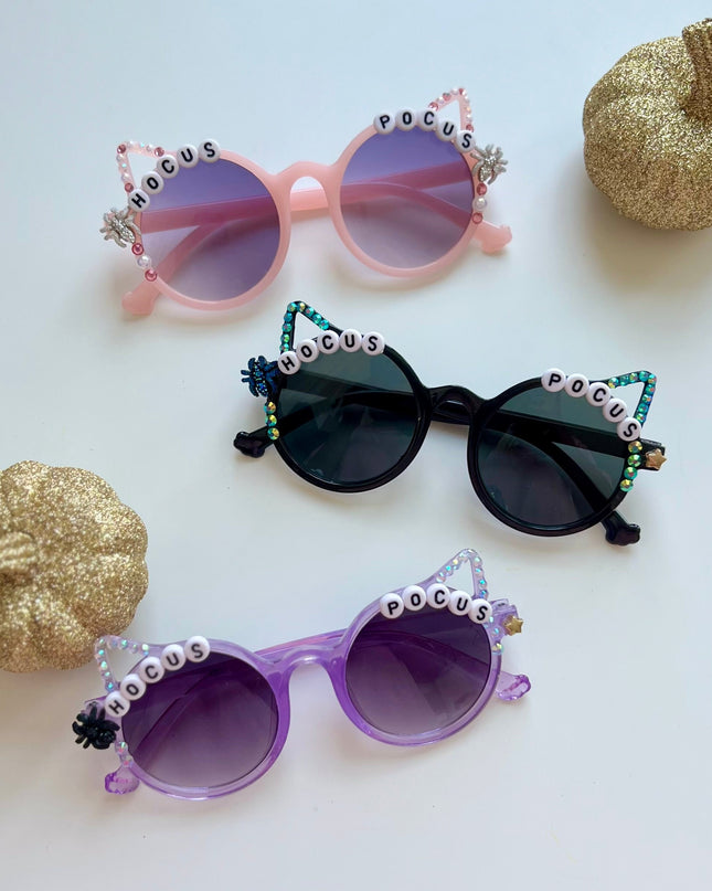 Pink, Black and Purple Halloween Cat Ears Sunglasses that say Hocus Pocus