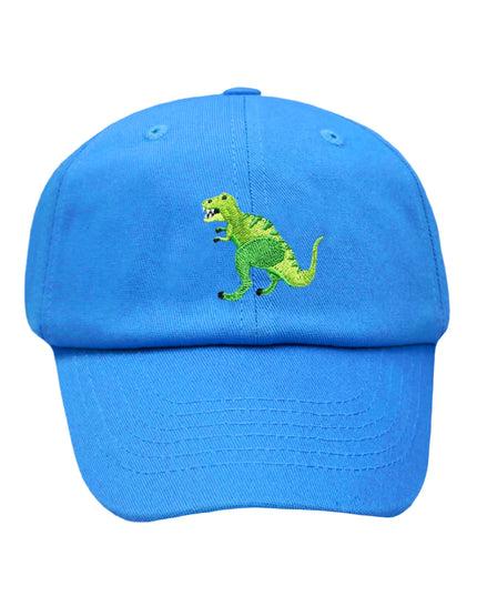 Blue baseball hat with embroidered t-rex dinosaur
