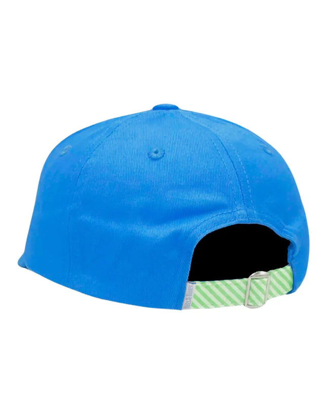 Back of blue baseball hat with green and white seersucker tuck strap