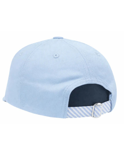Back of blue baseball hat with blue and white seersucker strap