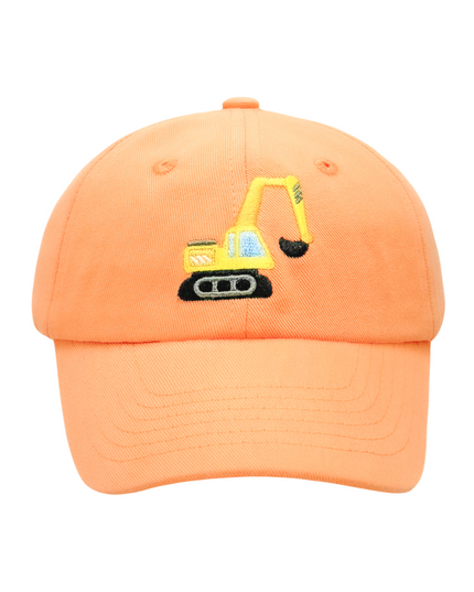 Orange Baseball Hat with Embroidered Excavator Truck